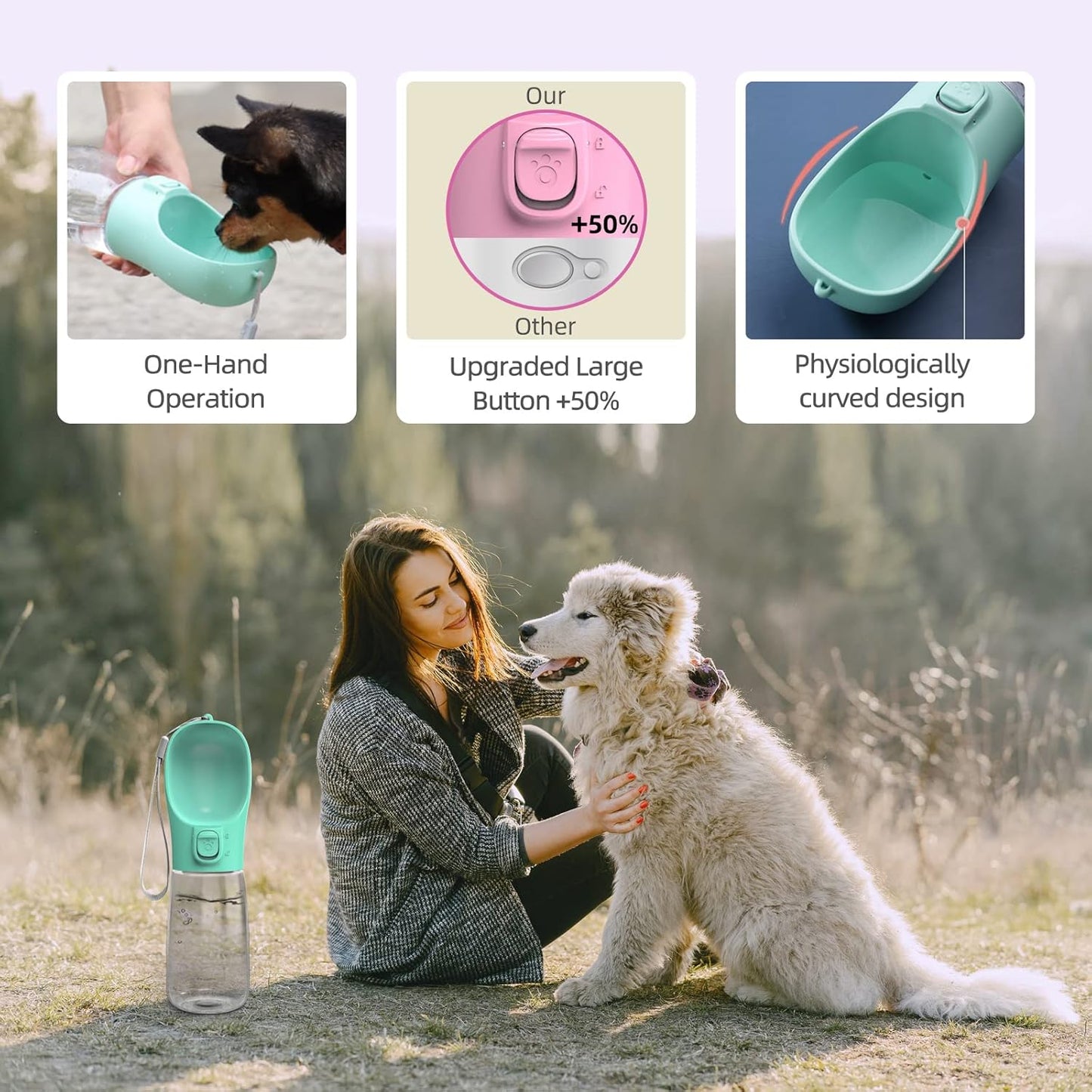 Portable Dog Water Bottle, Leak-Proof Dog Travel Water Bottle with Drinking Bowl, Lightweight Portable Pet Water Bottle Dispenser for Outdoor Walking, Hiking, Beach, Food Grade Plastic 18.5Oz
