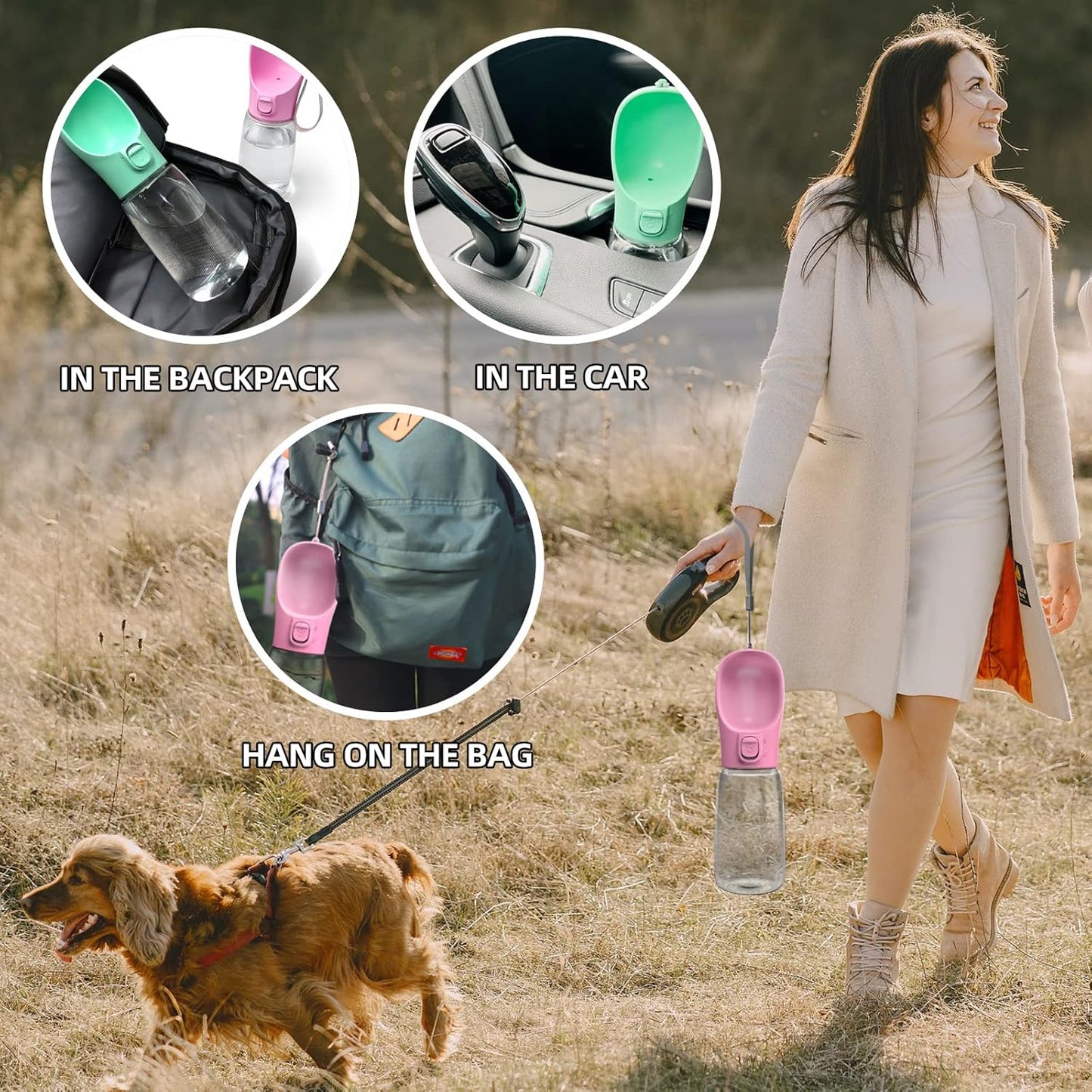 Portable Dog Water Bottle, Leak-Proof Dog Travel Water Bottle with Drinking Bowl, Lightweight Portable Pet Water Bottle Dispenser for Outdoor Walking, Hiking, Beach, Food Grade Plastic 18.5Oz