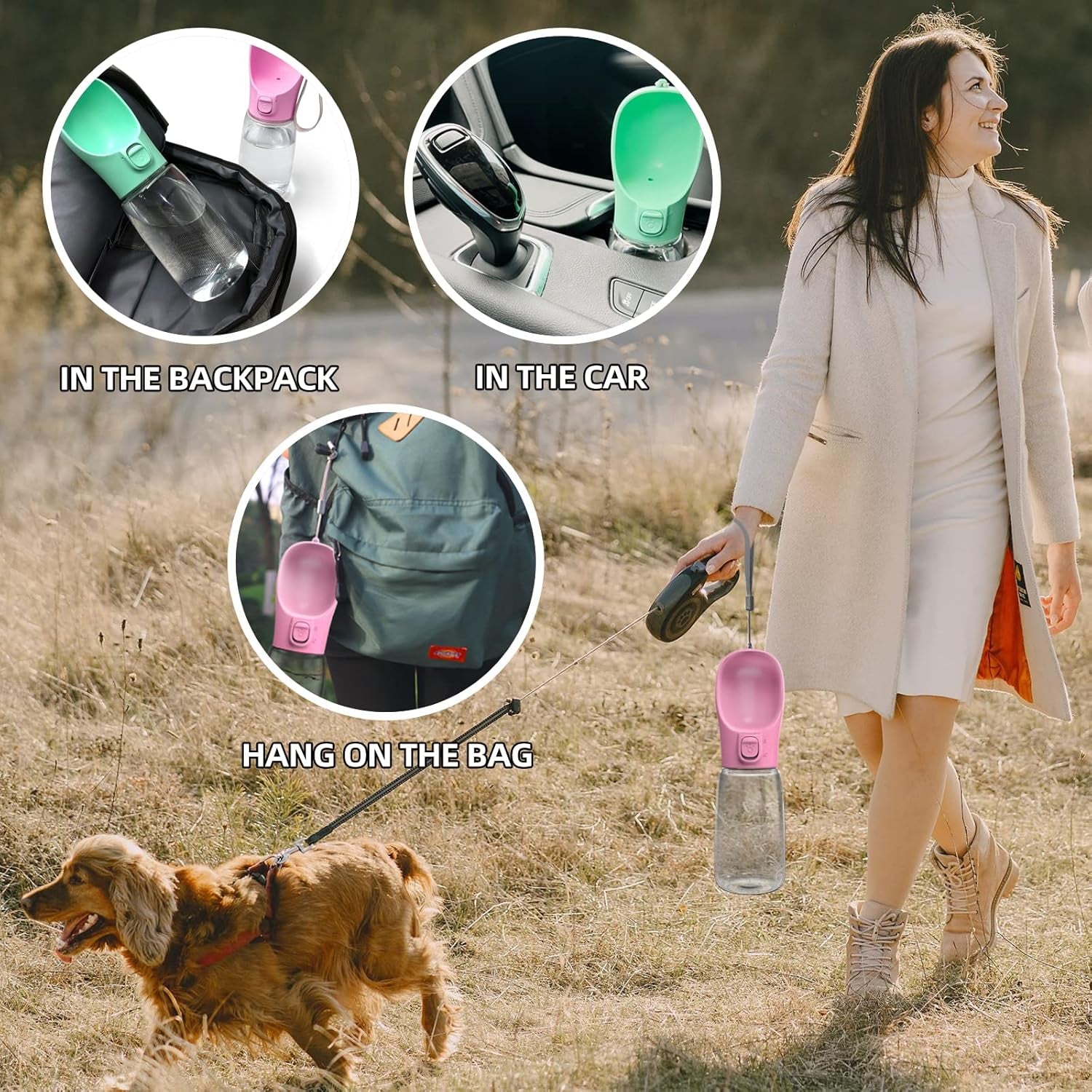 Portable Dog Water Bottle, Leak-Proof Dog Travel Water Bottle with Drinking Bowl, Lightweight Portable Pet Water Bottle Dispenser for Outdoor Walking, Hiking, Beach, Food Grade Plastic 18.5Oz