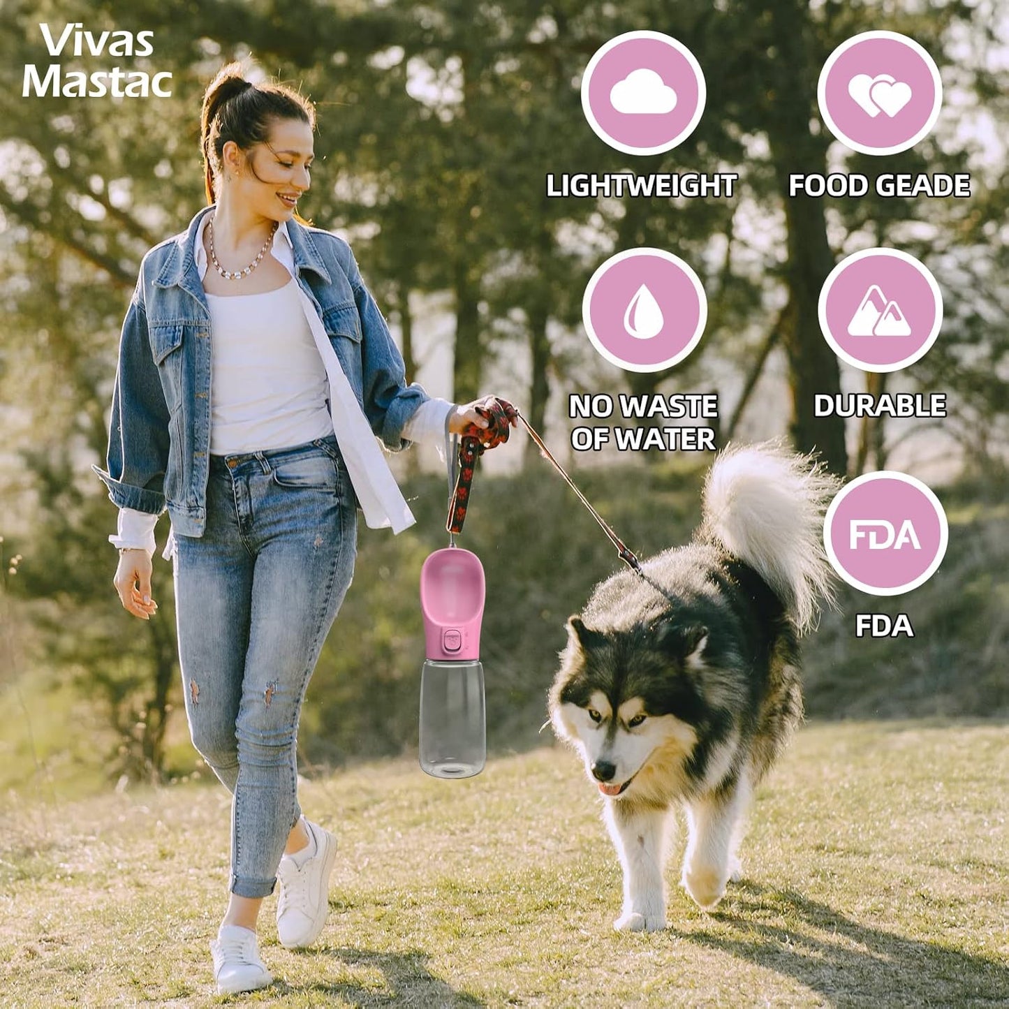 Portable Dog Water Bottle, Leak-Proof Dog Travel Water Bottle with Drinking Bowl, Lightweight Portable Pet Water Bottle Dispenser for Outdoor Walking, Hiking, Beach, Food Grade Plastic 18.5Oz